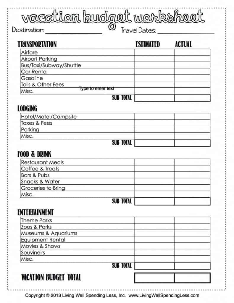 Free Finance Printables - Vacation Budget Worksheet by Living Well Spending Less